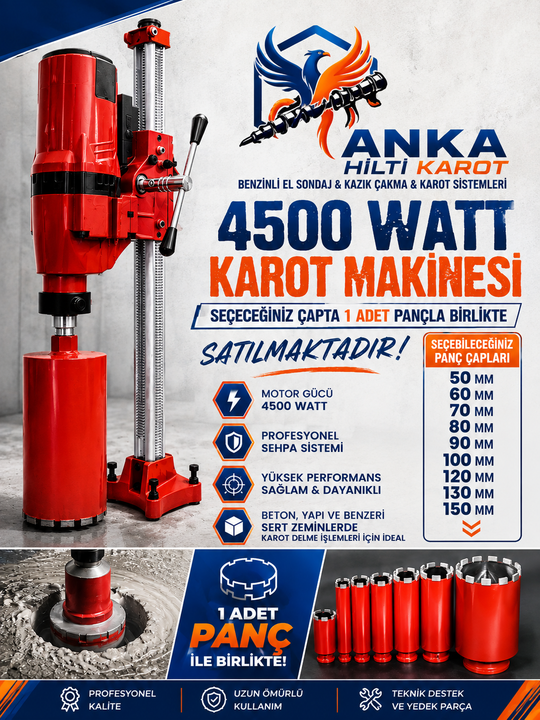 ANKA ELEKTRİKLİ PROFESYONEL KAROT MAKİNESİ/1 ADET PANÇ - Anka Hilti Karot