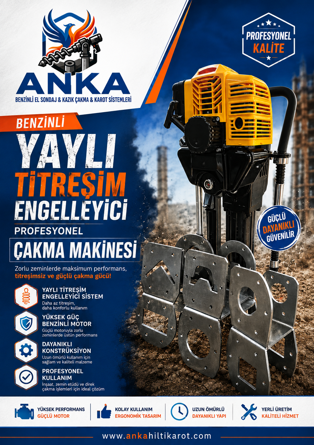 BENZİNLİ YAYLI TİTREŞİM ENGELLEYİCİ PROFESYONEL KAZIK ÇAKMA MAK - Anka Hilti Karot